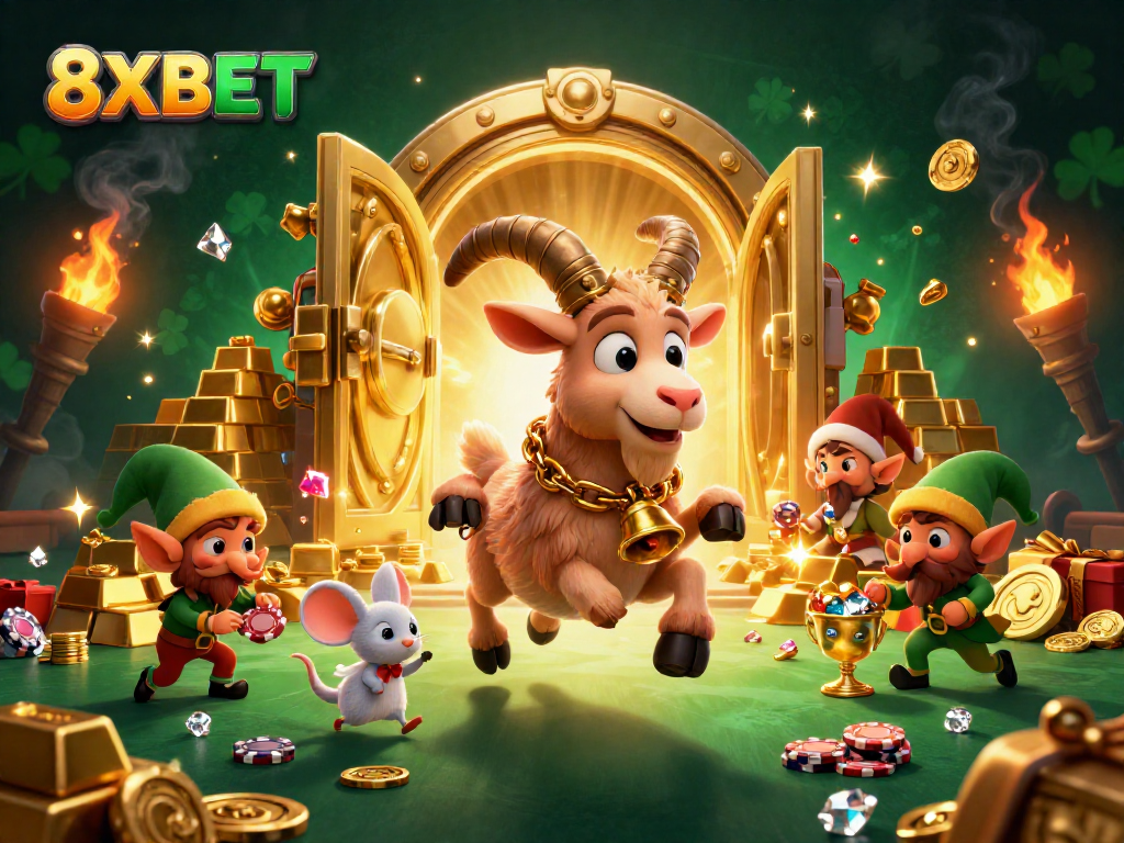 Experience the thrill of gaming at 8XBET with a whimsical casino scene featuring festive characters.