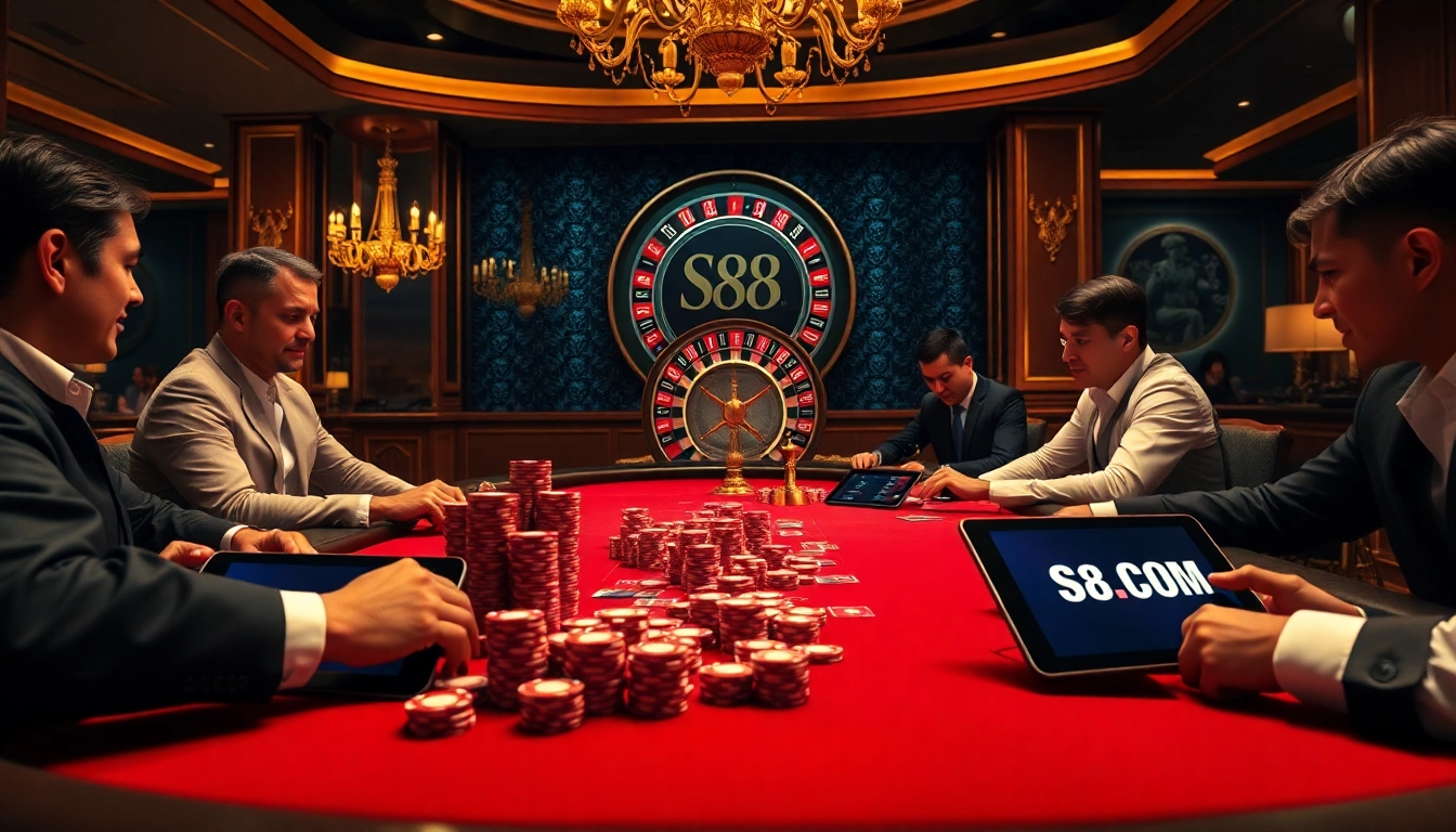 Experience the excitement at S8.COM with vibrant poker chips and a professional dealer.