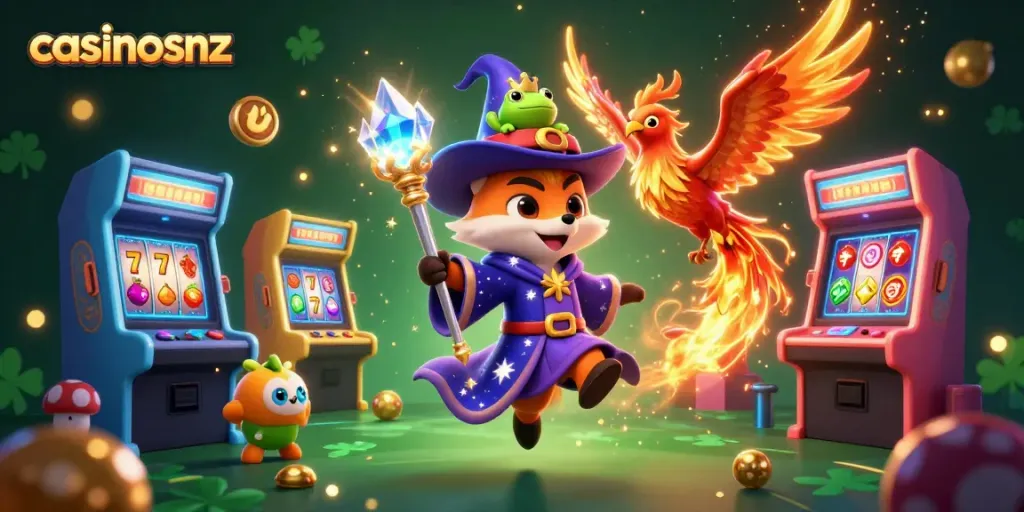 Experience thrilling slots action at casinosnz with a cartoon wizard fox, phoenix, and vibrant game elements.