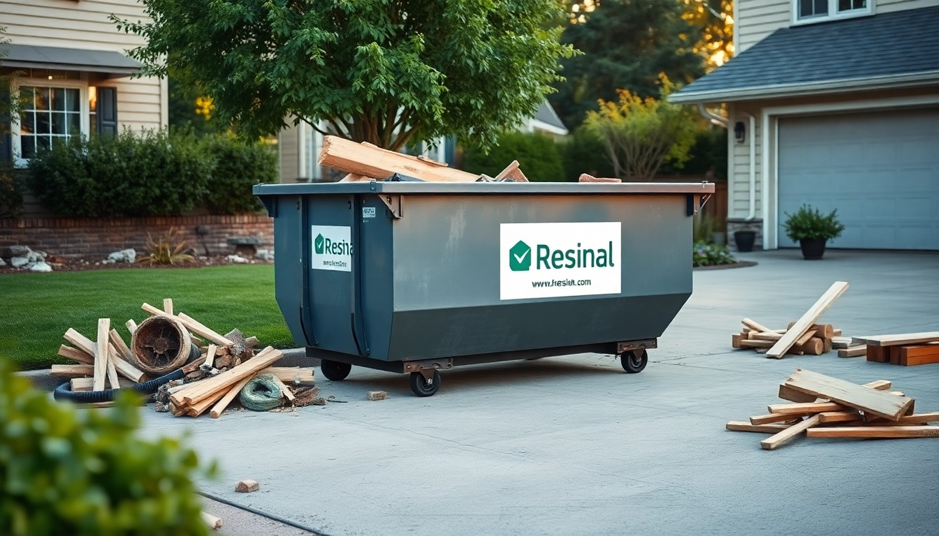 Efficient residential bin rental service displayed with a branded dumpster in a suburban setting.