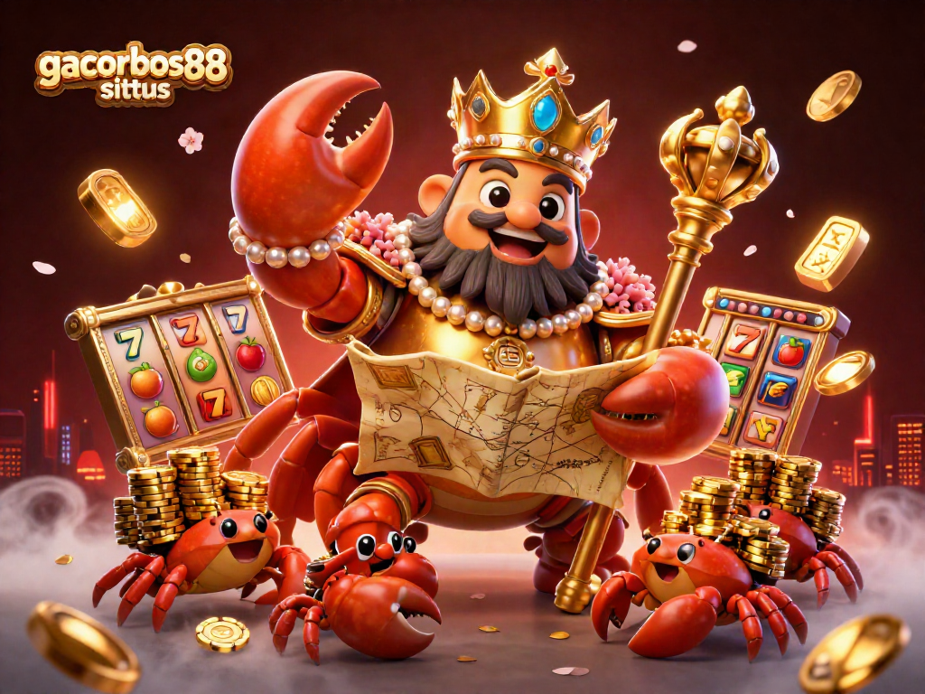 Engage with gacorbos88 situs featuring a vibrant 3D casino scene of a golden crab emperor in a slot game.