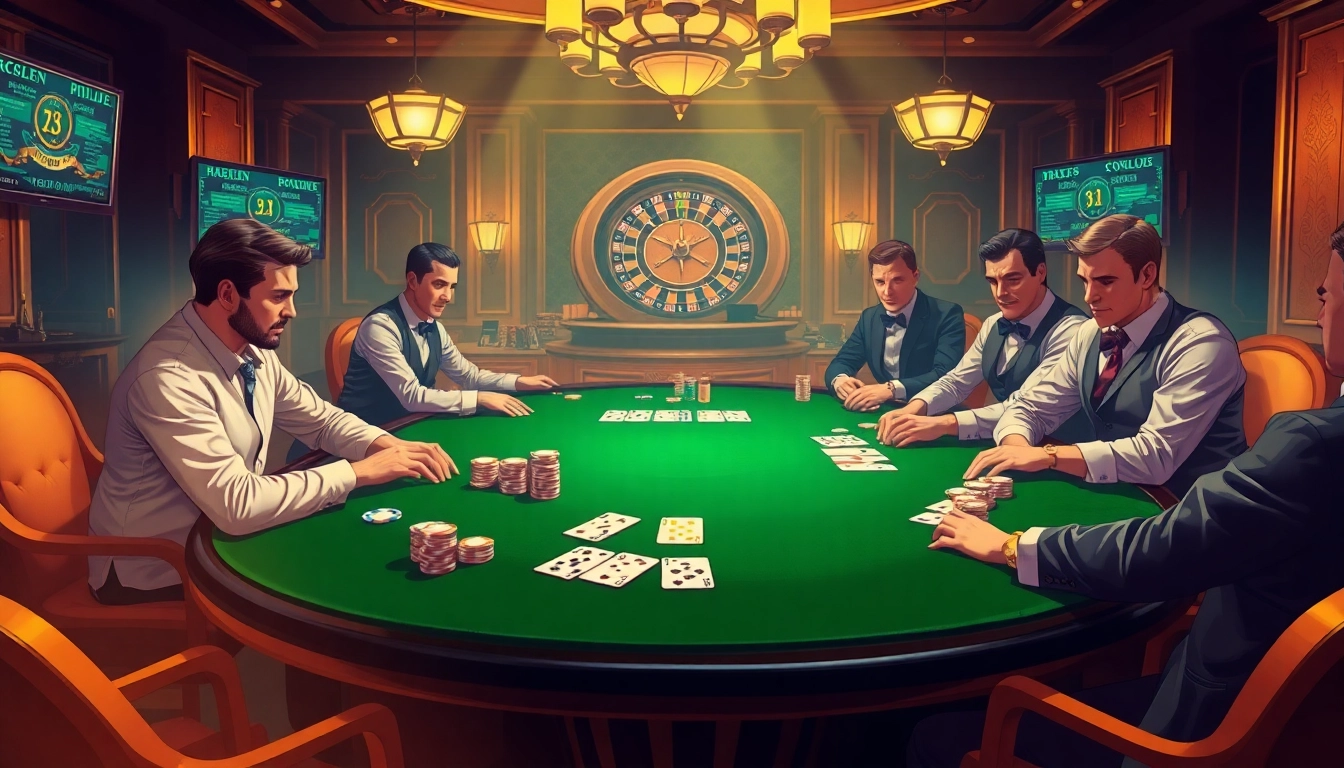 Engaging poker players strategizing with hidden wiki resources at a luxurious casino.