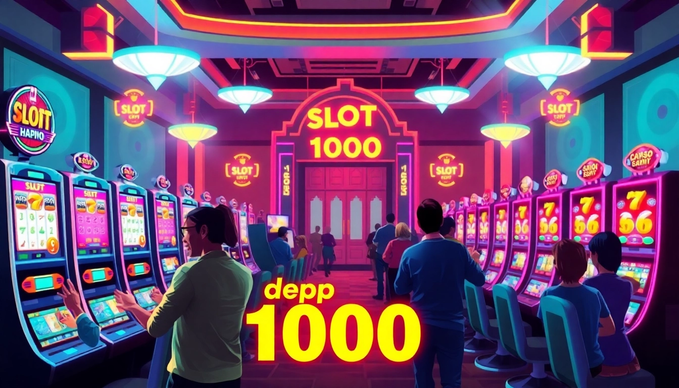Menampilkan slot depo 1000 dengan pemain yang bersemangat di kasino yang cerah.