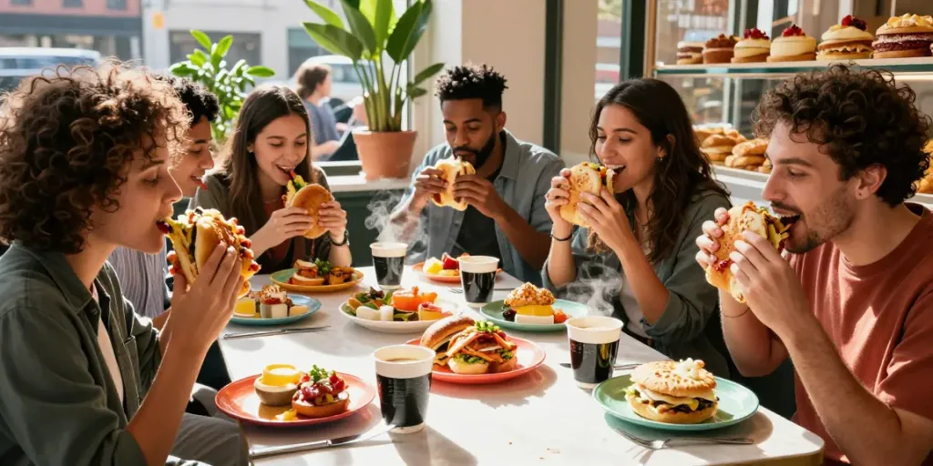 Enjoying NYC-inspired breakfast sandwiches at a cafe in Austin Texas, perfect for breakfast near me (Austin Texas area).