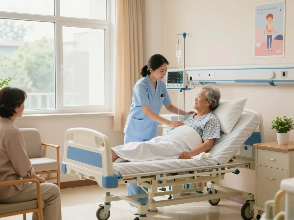 Adjustable giường bệnh nhân in a warm hospital room, highlighting patient care and recovery.