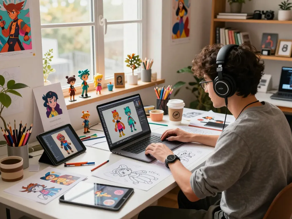 Character designer creating NSFW AI avatars in vibrant workshop.