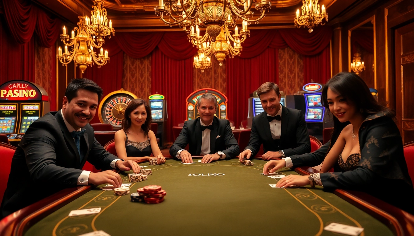 Partie de poker à enjeux élevés excitante mettant en avant les meilleurs casinos en ligne avec des joueurs élégants et une ambiance luxueuse.