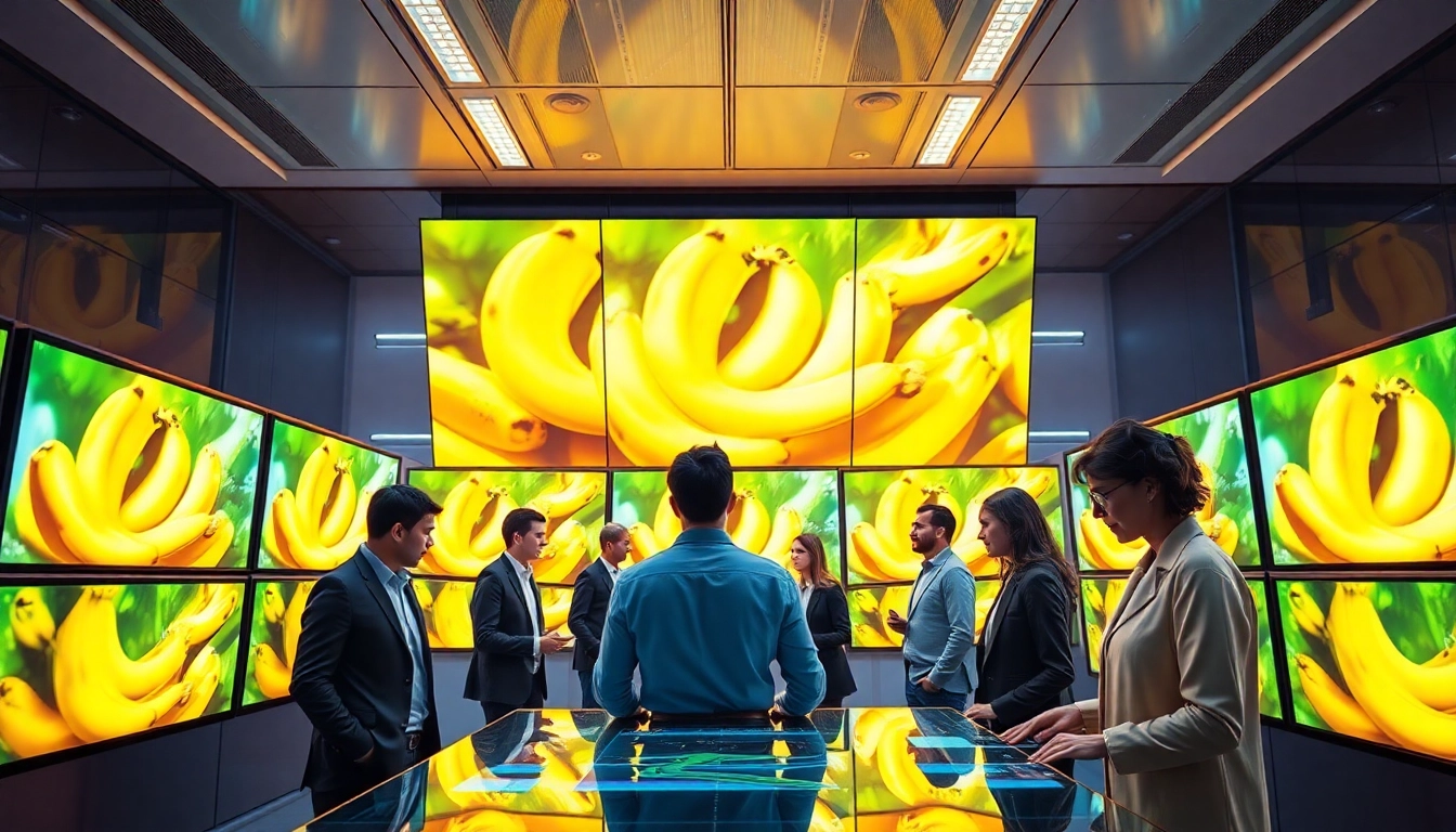 Dynamic scene of diverse professionals collaborating with Nano Banana 2 AI technology, showcasing innovation.