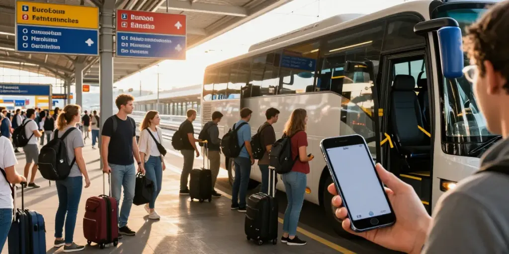 Transport internațional Moldova: pasageri la un terminal de autobuze european, pregătindu-se pentru călătoria lor.