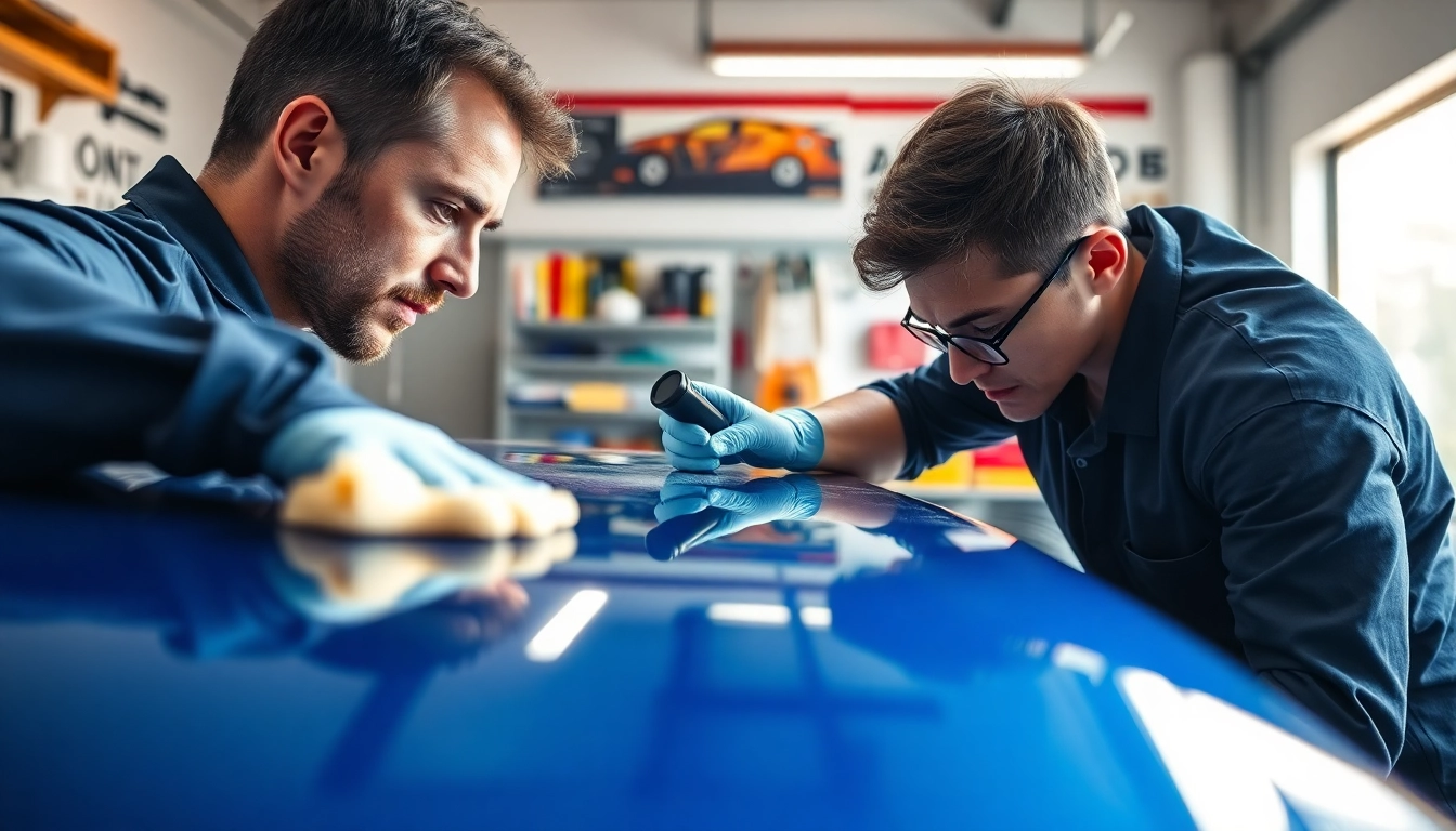Auto detailing Cleveland TN shows a technician polishing a car in a bright garage.
