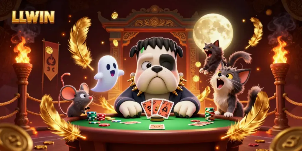 Engage with LLWIN's thrilling atmosphere as a Frankenstein bulldog deals cards amidst shimmering casino chaos.