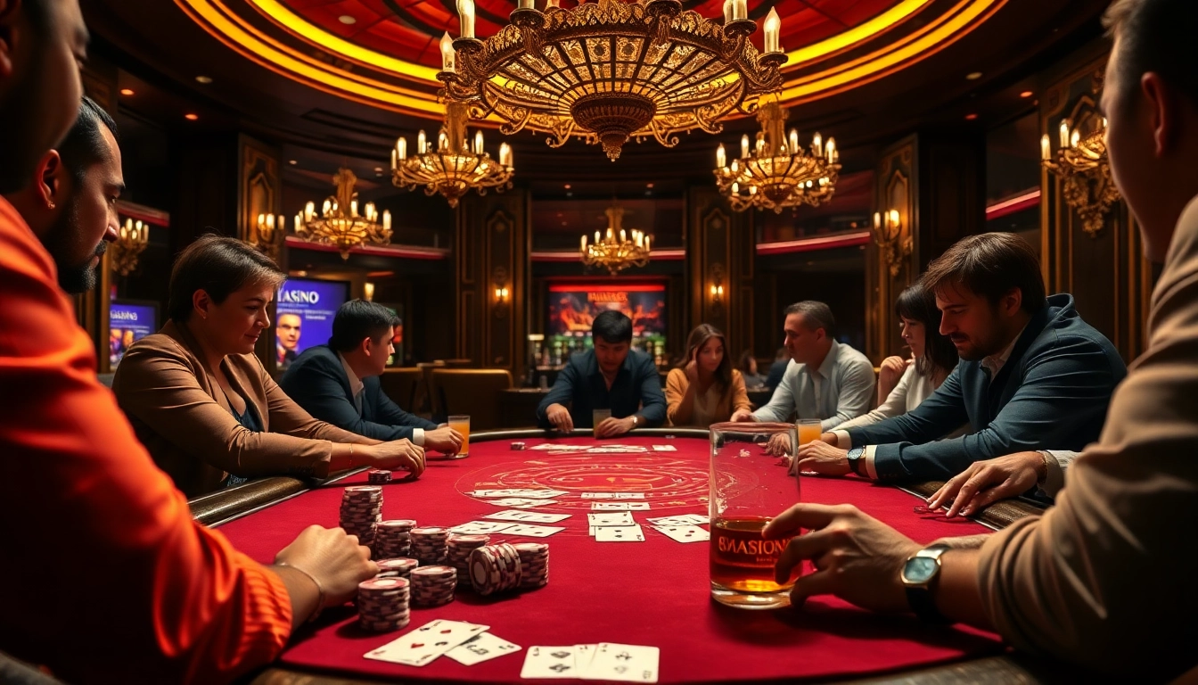 Vivez l'excitation des meilleurs casinos en ligne avec un élégant jeu de poker mettant en scène des joueurs et des jetons.