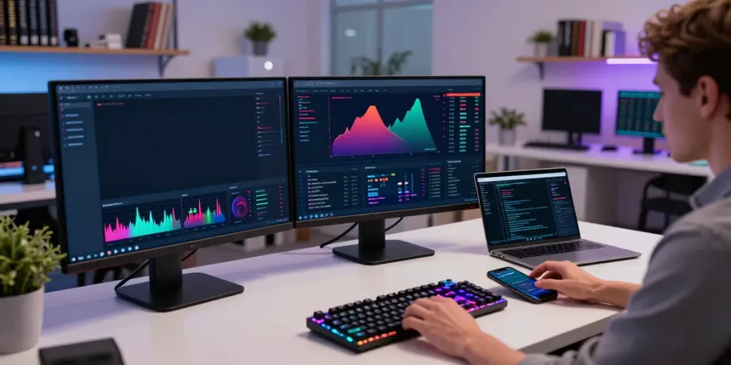 Illustration of a professional trading workspace displaying a real-time stock data API and cryptocurrency analysis charts in a modern office setting.
