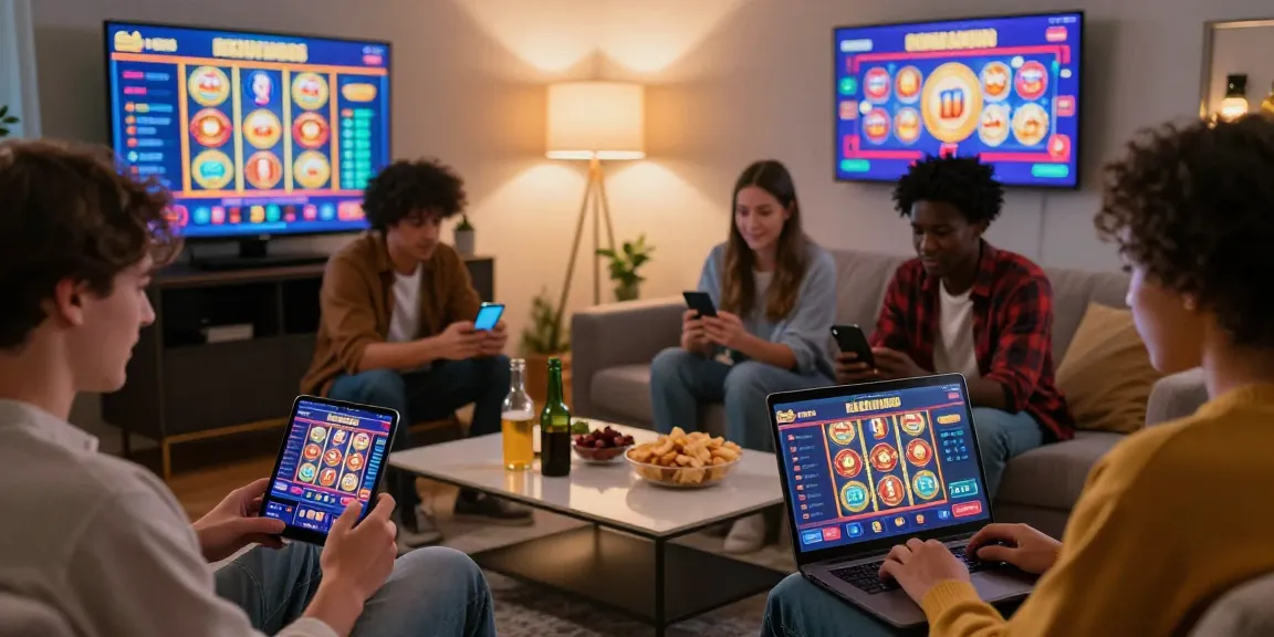 Exciting scene with players at new online casinos using mobile devices for gaming in a cozy setting.