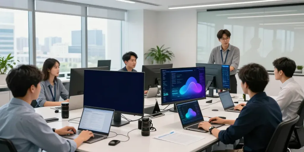 Engaged IT team discussing azure managed services in a modern office.