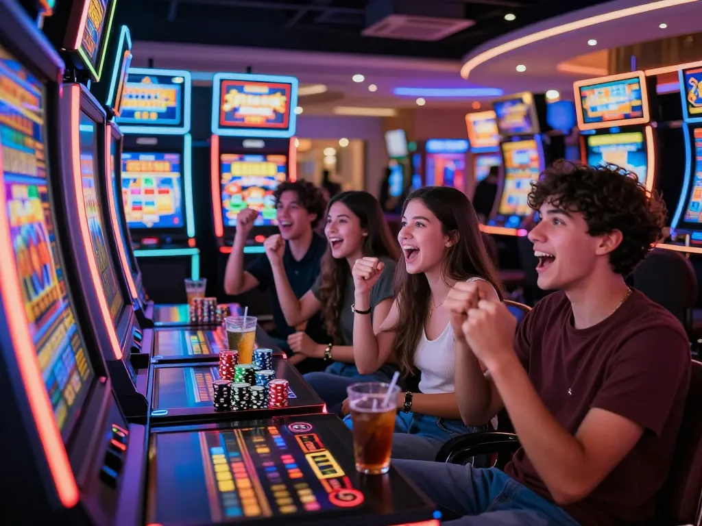 Kelompok yang menarik menikmati permainan situs slot gacor di kasino yang ramai.
