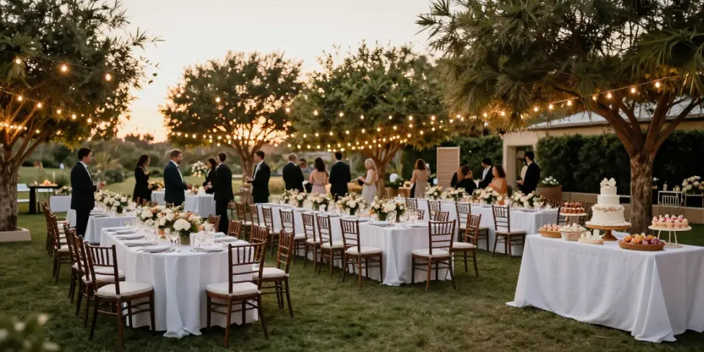 Event furniture rental setup at a stunning outdoor wedding reception with elegant tables, floral decor, and warm lighting.