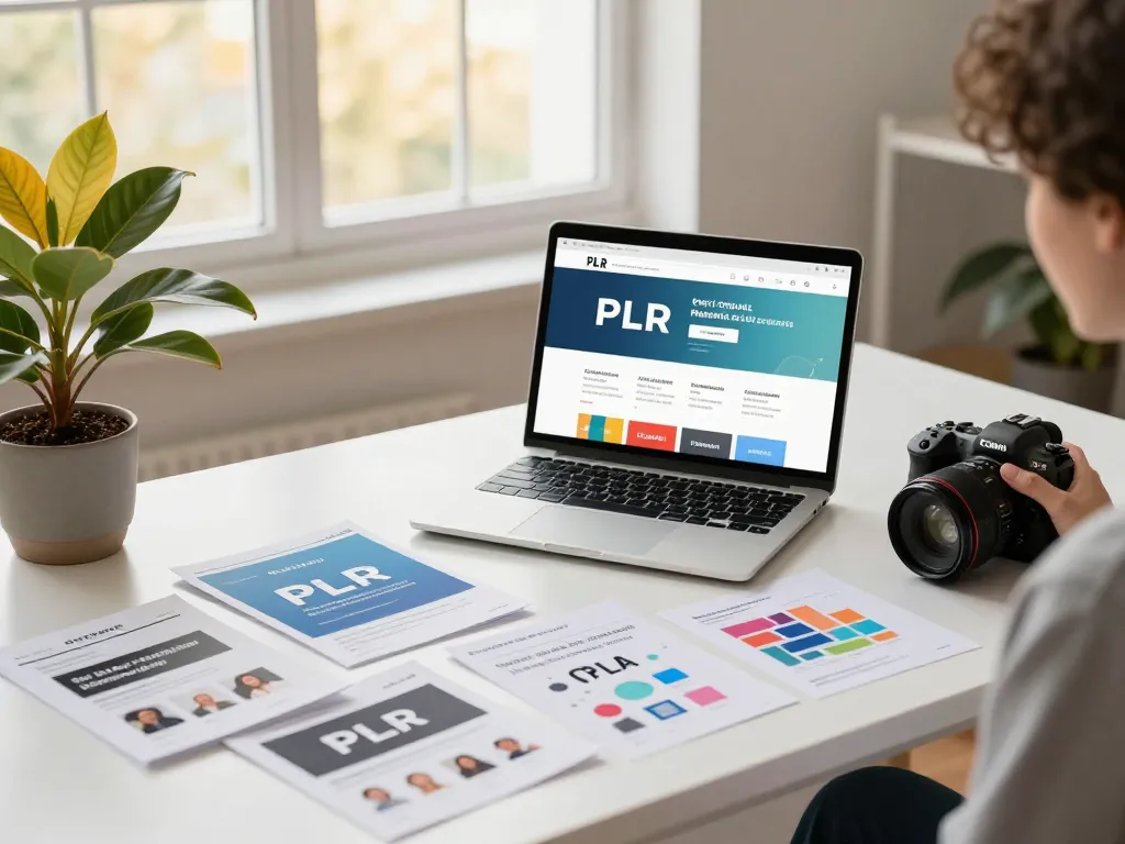 PLR Digital Products for Sale displayed on a modern workspace desk showcasing eBooks and digital marketing materials.