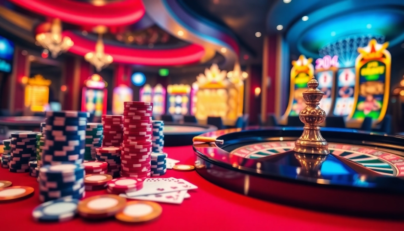 Action passionnante dans les meilleurs casinos en ligne avec des jetons de poker et des roues de roulette dans un cadre luxueux.