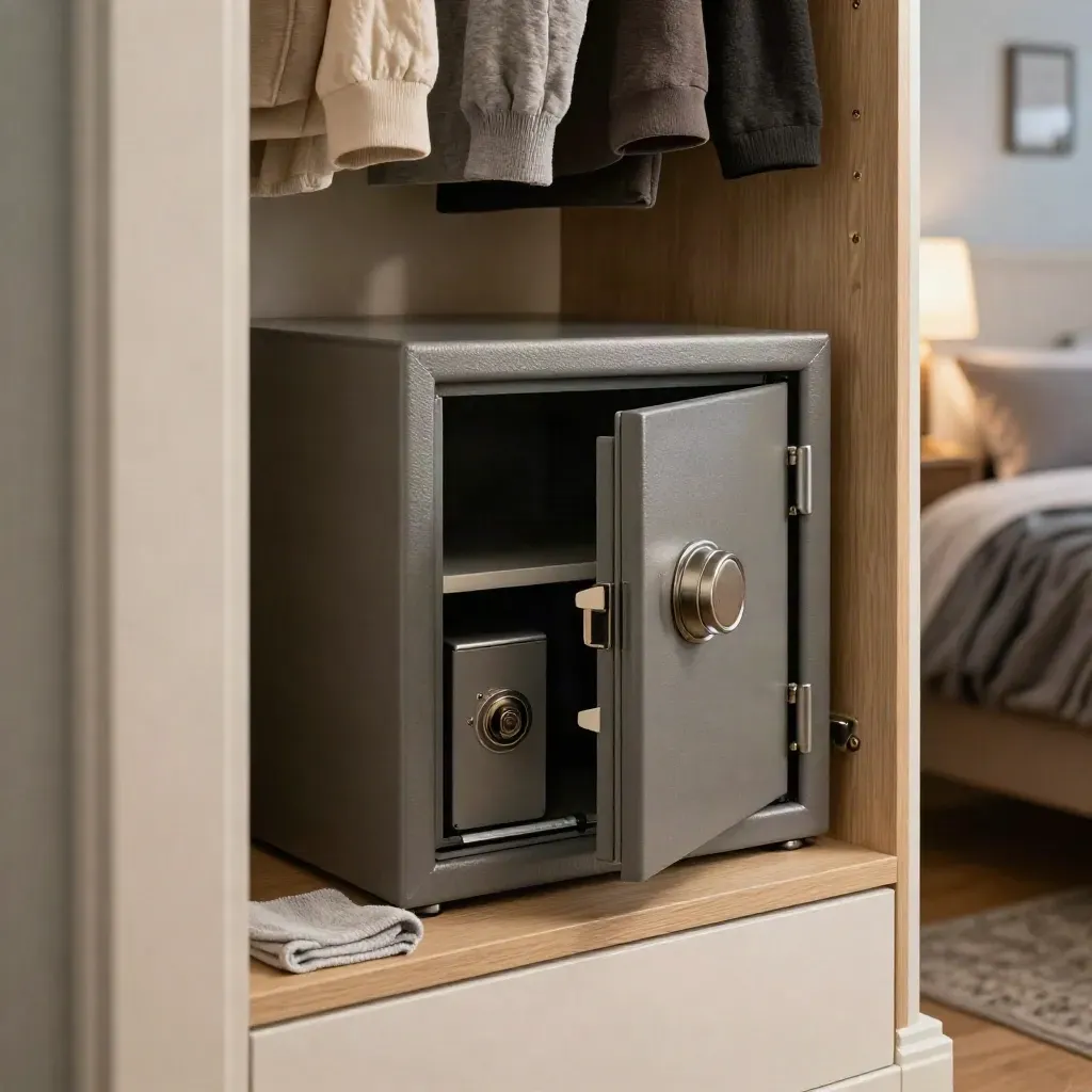 Closed handgun safe in a closet with lockbox, dehumidifier rod, and folded cloth in warm evening light