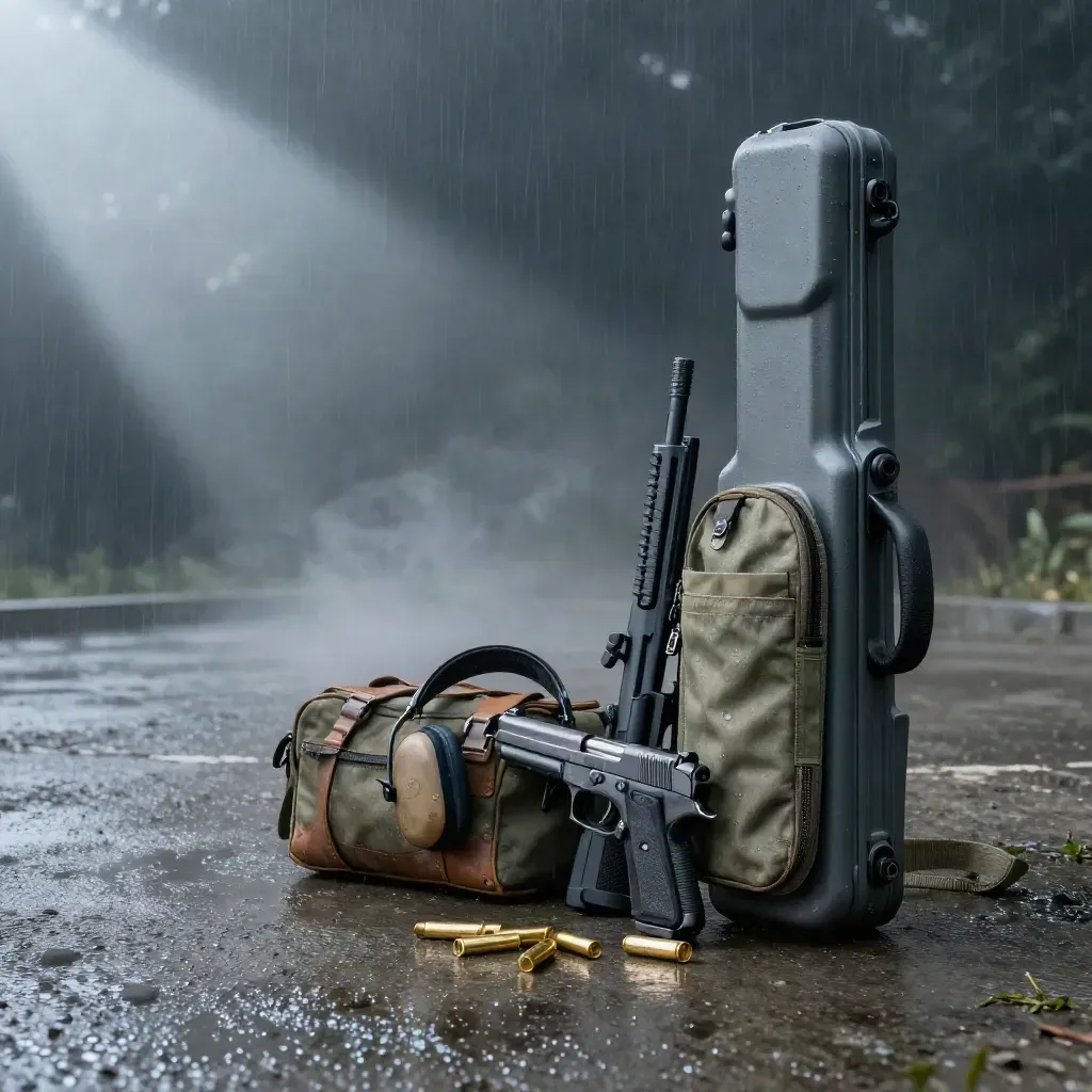 Rain-soaked firearms kit with rifle case, pistol holster, hearing protection, range bag, and brass.