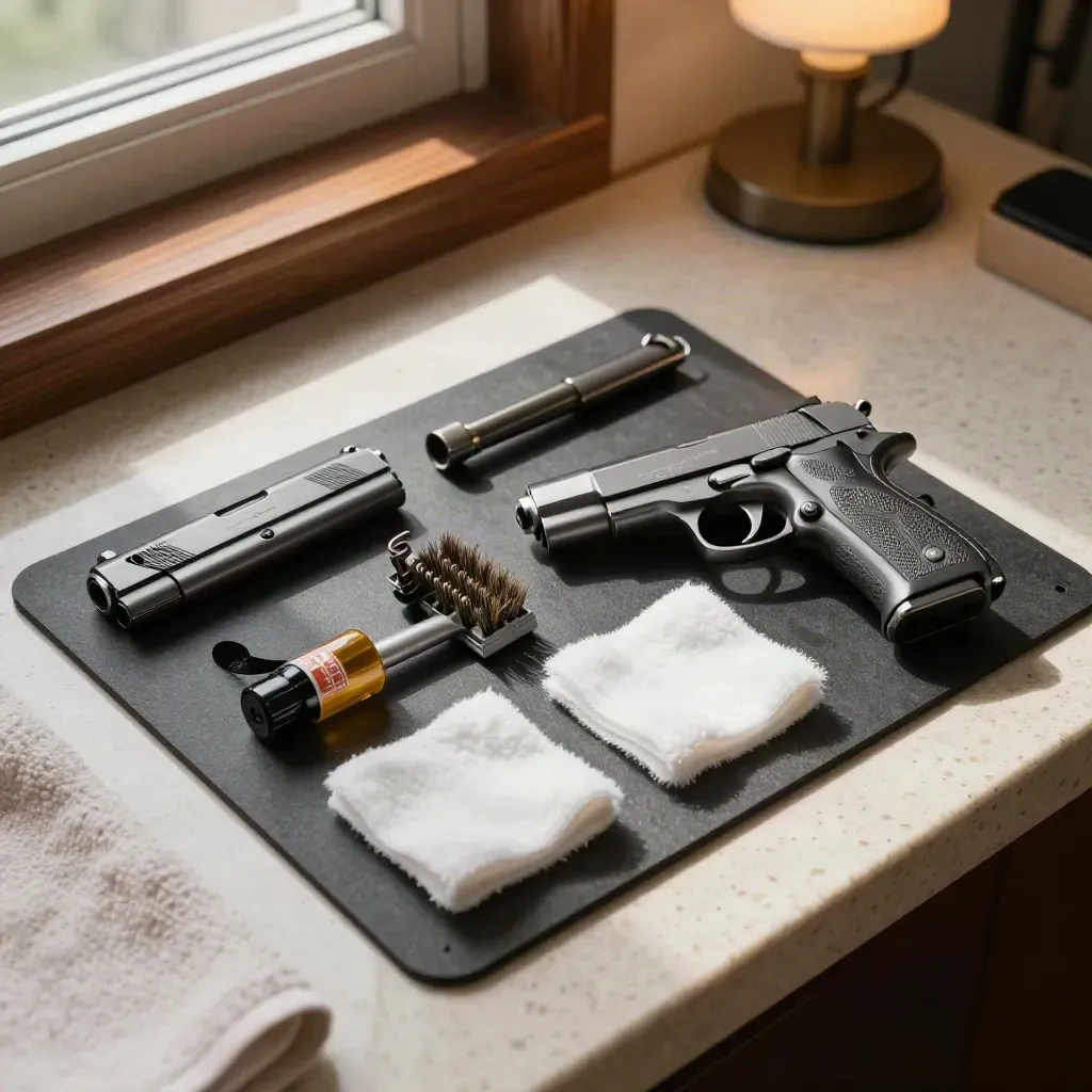 Top-down maintenance flat lay of compact pistol parts on a silicone mat with brush, patches, oil and towel.