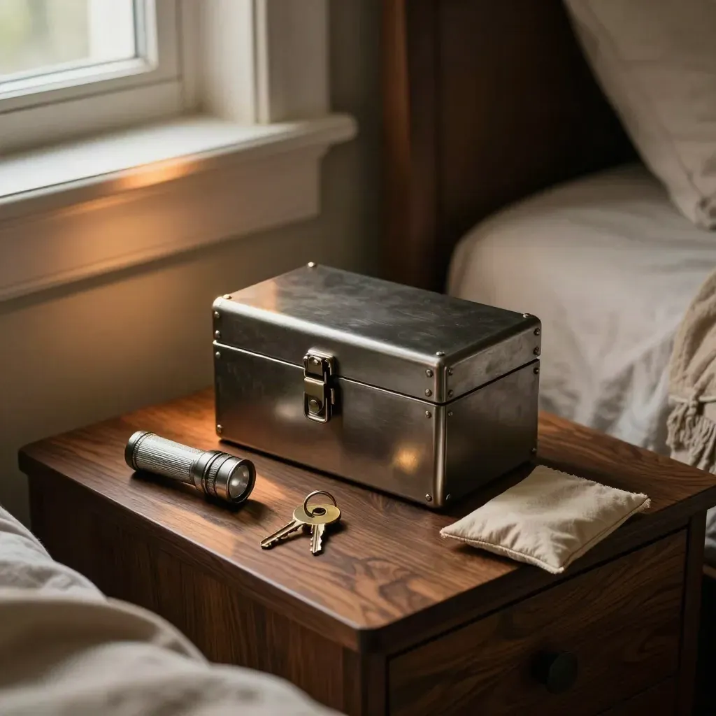 Lock box, flashlight, key ring, and pouch on a bedside table in warm lamplight.