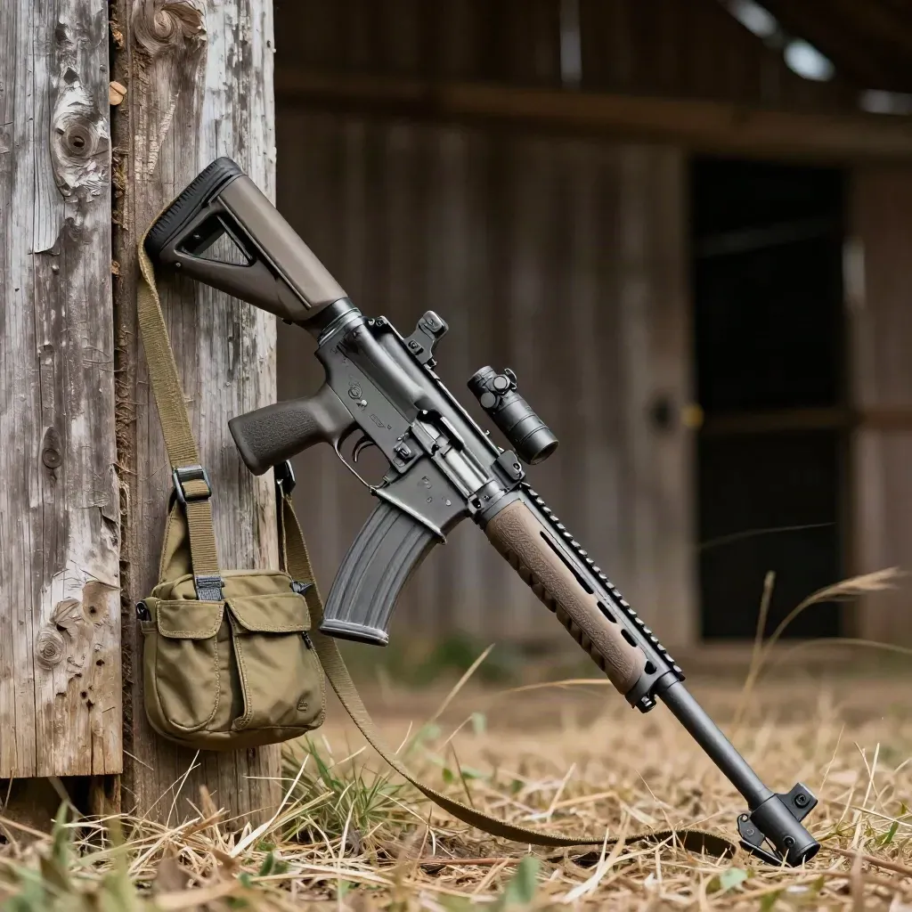 AR-style carbine with sling on a barn post beside an olive chest rig and mag pouch in dry grass.