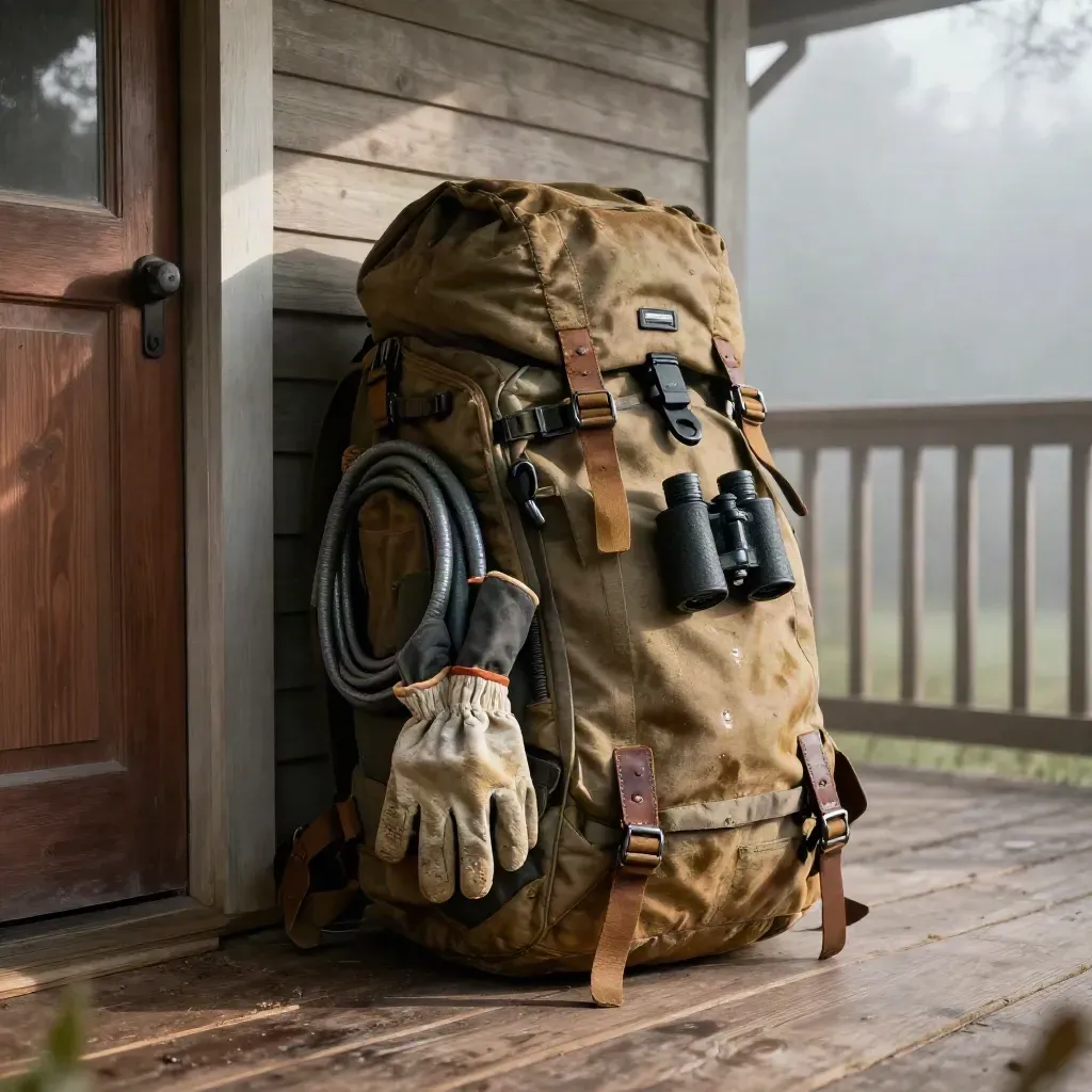 Weathered hunting pack with binocular harness, gloves, hose, and layers by a cabin door in fog
