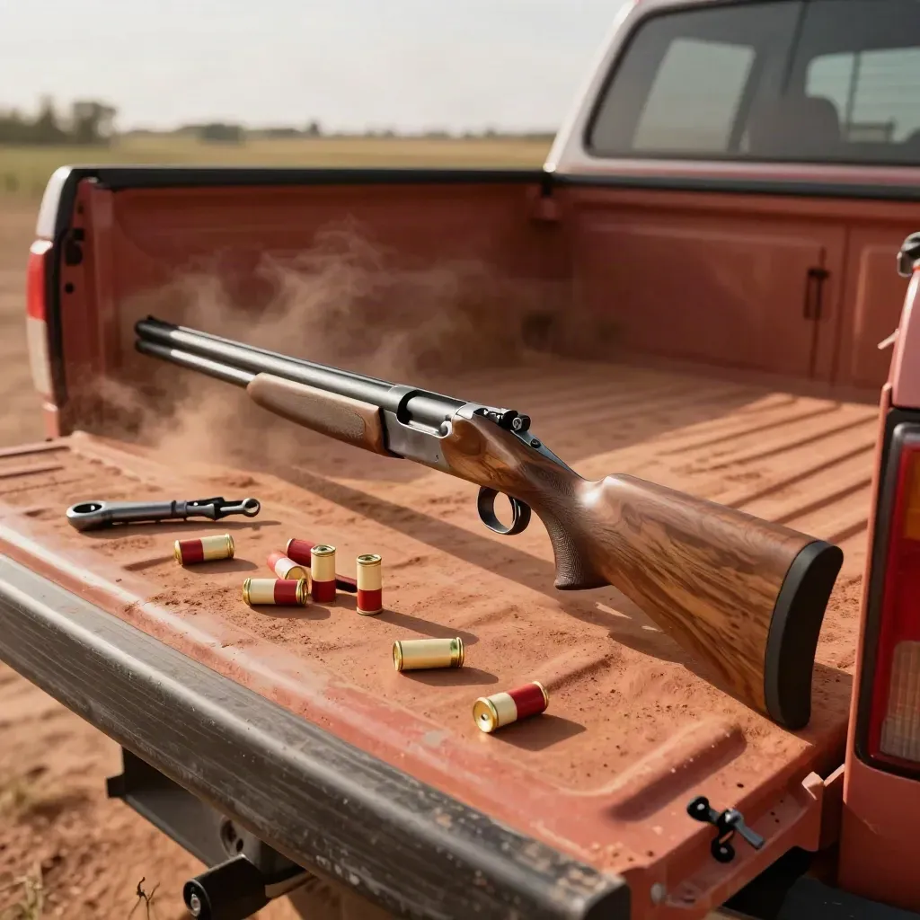 Shotgun, choke tubes, wrench, and clay shells arranged on a dusty pickup tailgate.
