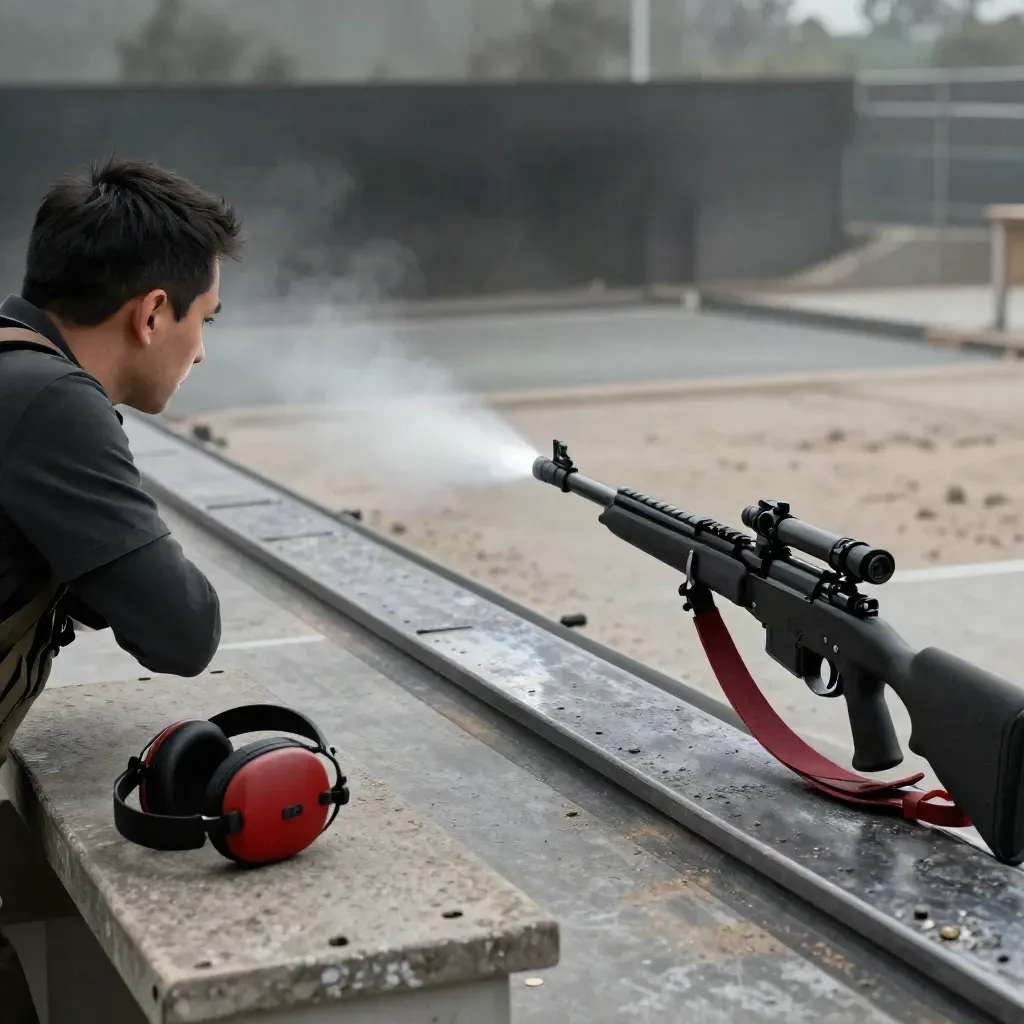 Rifle white light cutting down a steel plate lane with ear pro beside a dark berm.