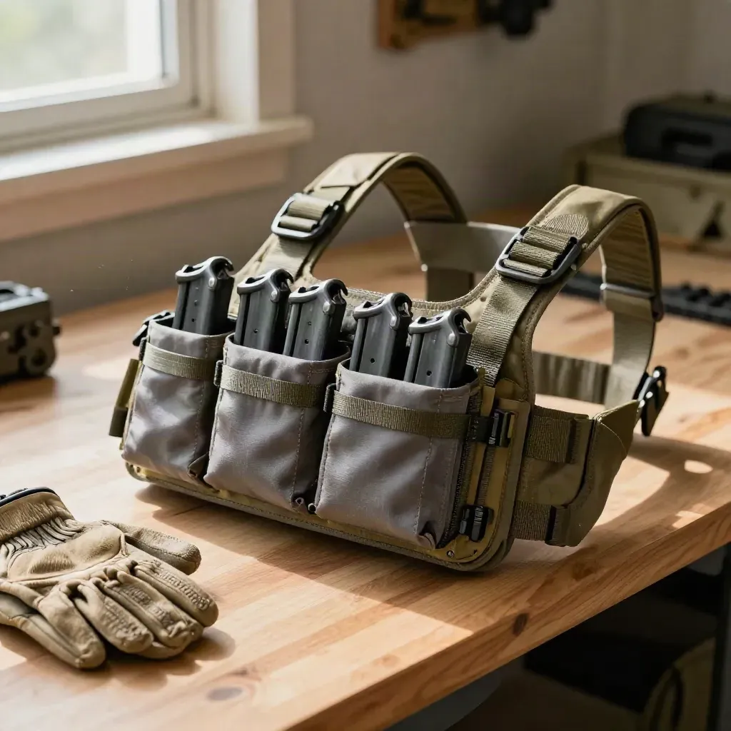 Two magazine pouches on a chest rig with gloves and shell loops on a sunlit bench.