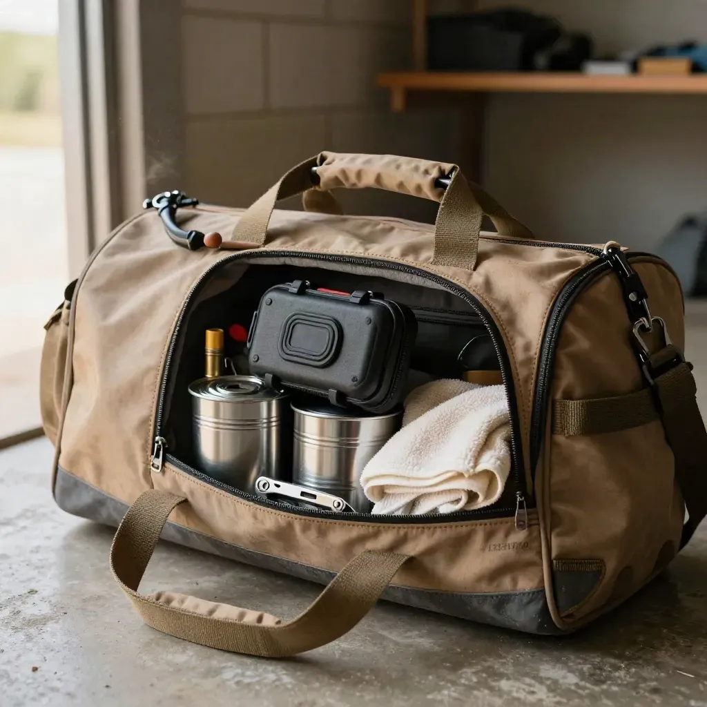Open range duffel packed with eye pro, ammo cans, multitool, and towel in a dusty garage doorway.