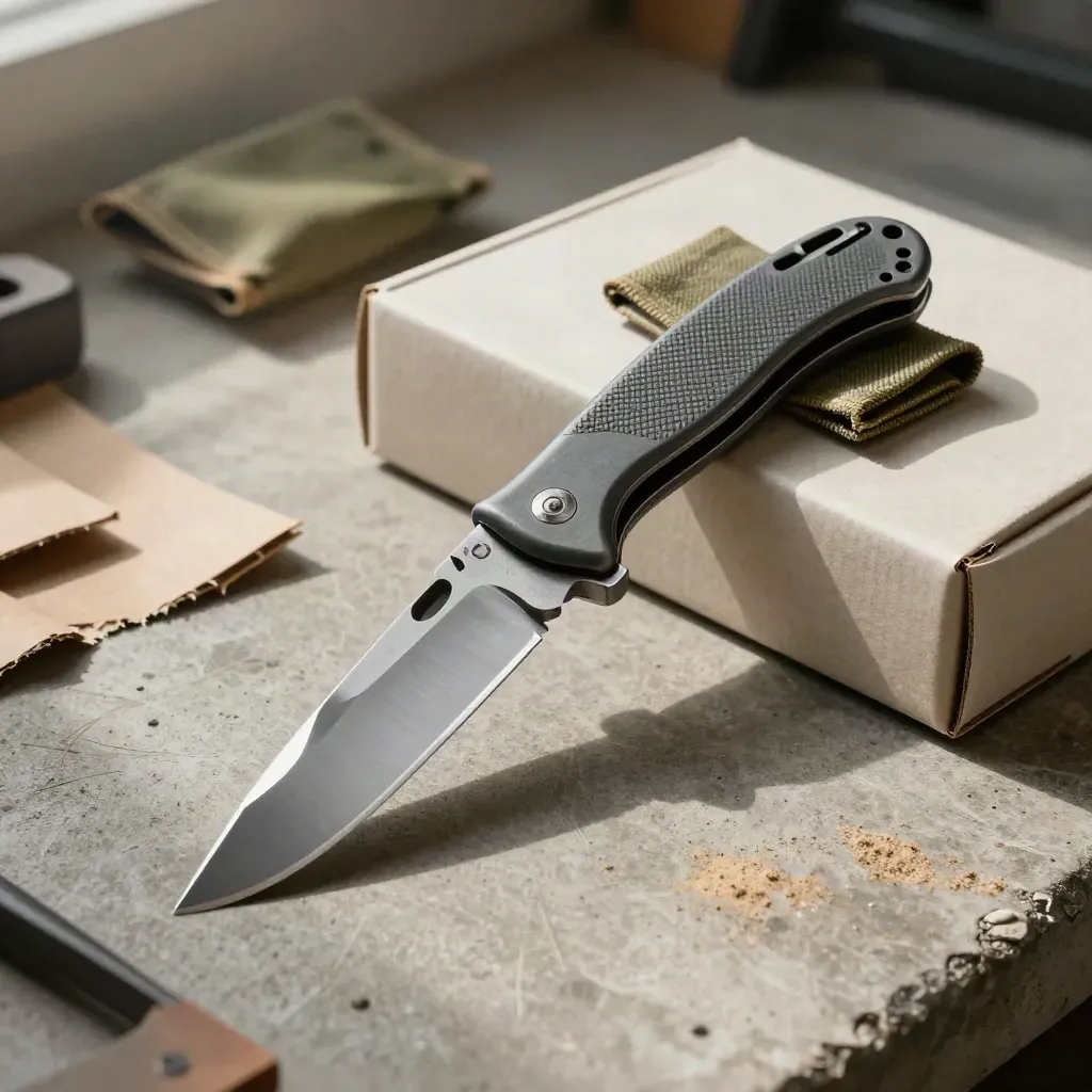 Half-open pocket knife beside box seams and an olive field pouch on a dim workshop bench.
