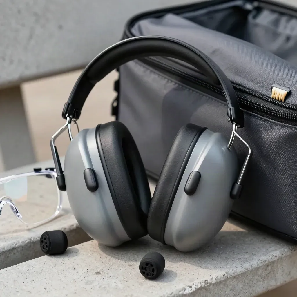 Ear muffs, foam plugs, safety glasses, and a range bag zipper on concrete, seen in macro.