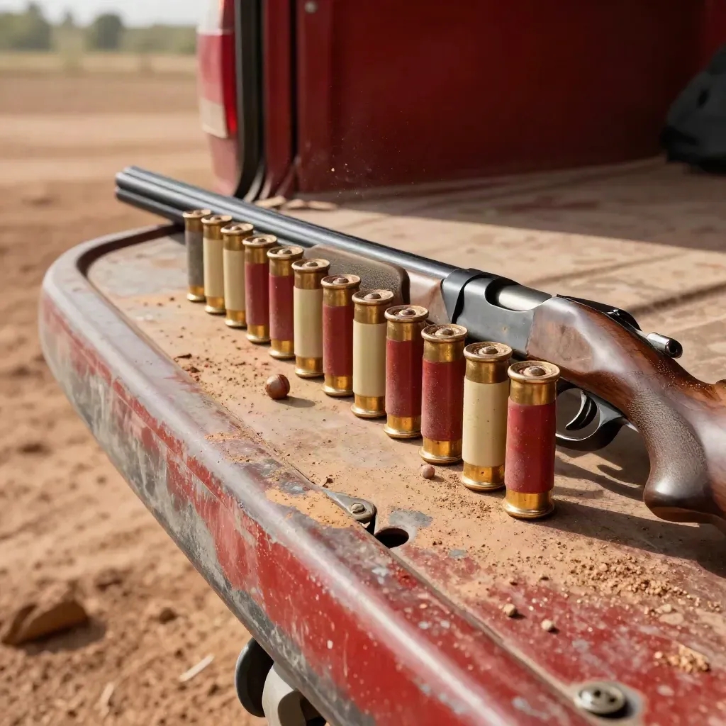Diagonal overhead still life of shotgun shells, a pump fore-end, and clay dust on a weathered tailgate.