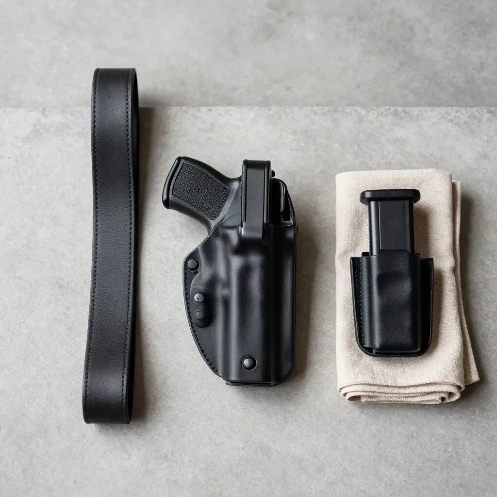 Overhead carry basics flatlay with holster, gun belt, magazine carrier, and cloth on concrete.