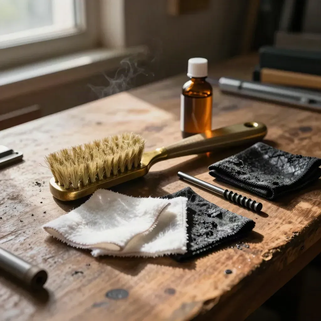 Cleaning kit items on a workshop table in warm window light