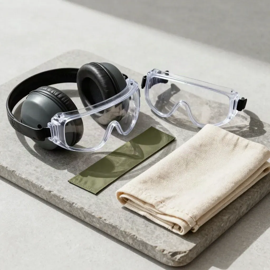 Range-safety gear on a stone tray: earmuffs, clear glasses, chamber flag, and folded cloth.