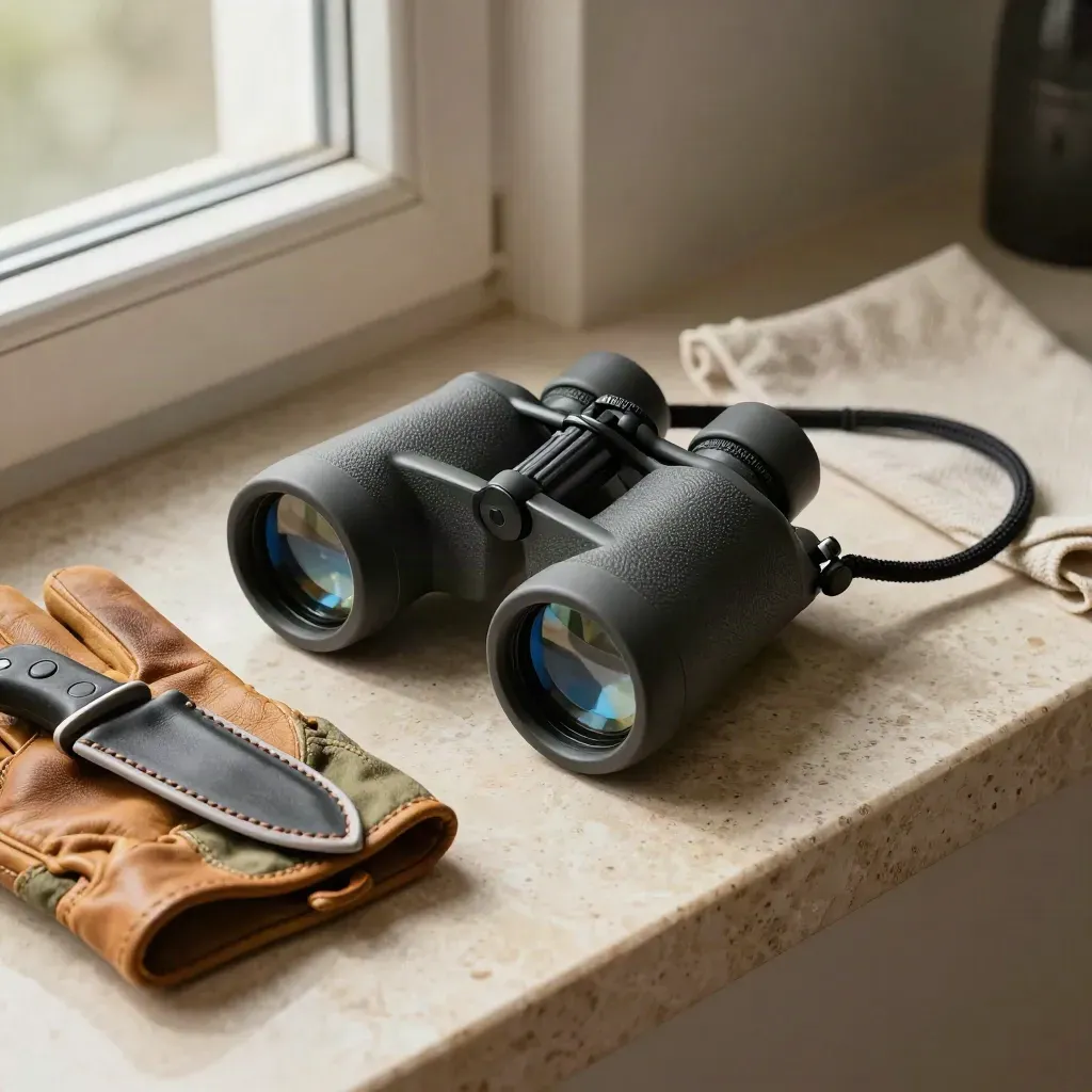 Binoculars, field gloves, knife sheath, and wool cloth on a travertine ledge in soft morning light.