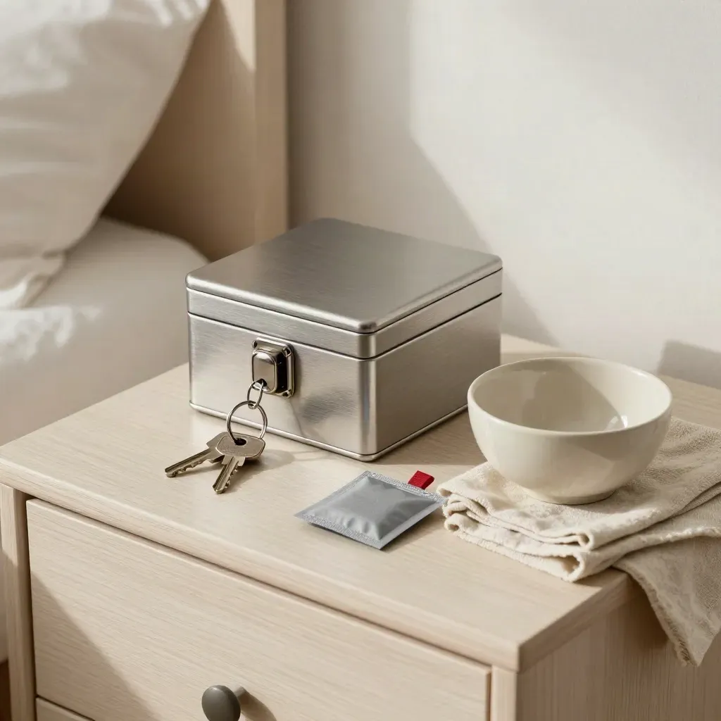 Lock box, key ring, dehumidifier pack and ceramic bowl on a pale oak nightstand in soft lamplight.