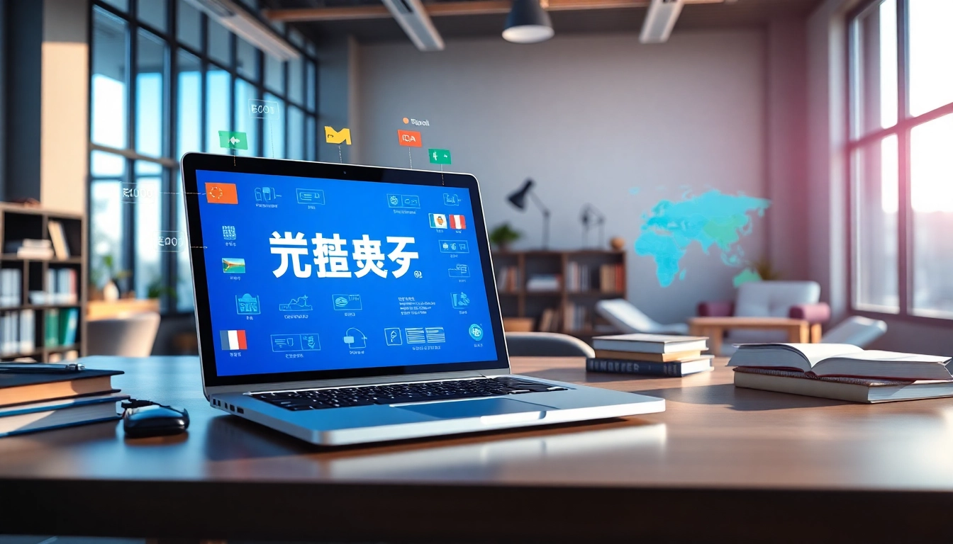 Dynamic workspace featuring 网易有道翻译 on a laptop, surrounded by language learning tools.