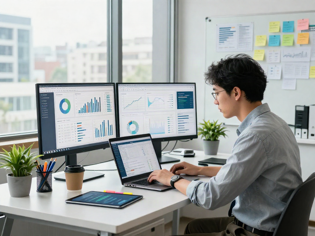 Data analyst using document fraud detection software in a modern office.