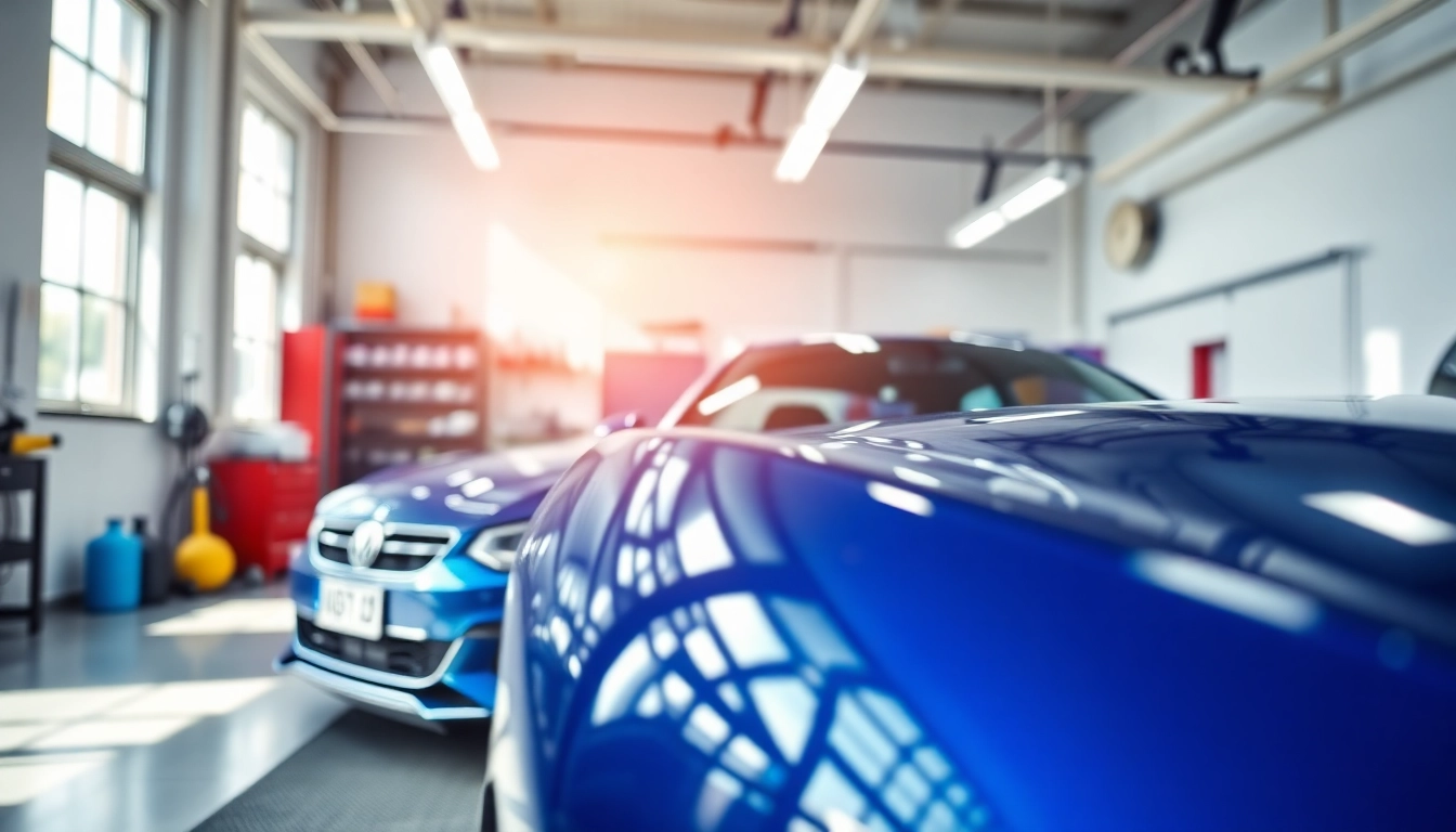 Auto detailing Cleveland TN: Professional service showcasing a shiny car and detailing tools in a bright garage.