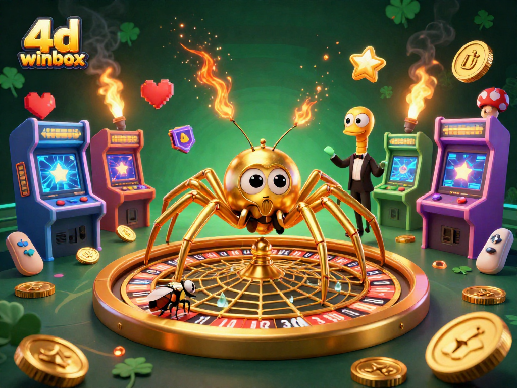 Engage in 4d winbox fun with an illustrated roulette wheel, and characters placing bets.