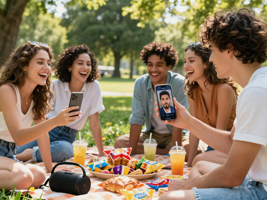 Friends enjoying a picnic while using the celebrity i look like app to find their lookalikes.