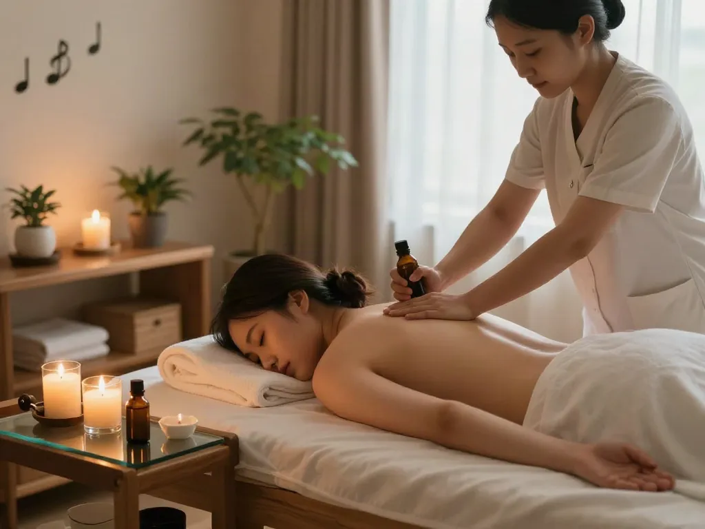 Therapist performing 양주출장마사지 in a calming spa environment with soft lighting and natural elements.