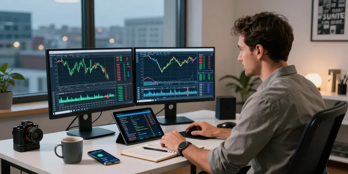 Trader using MetaTrader 5 on dual monitors in a modern home office setting