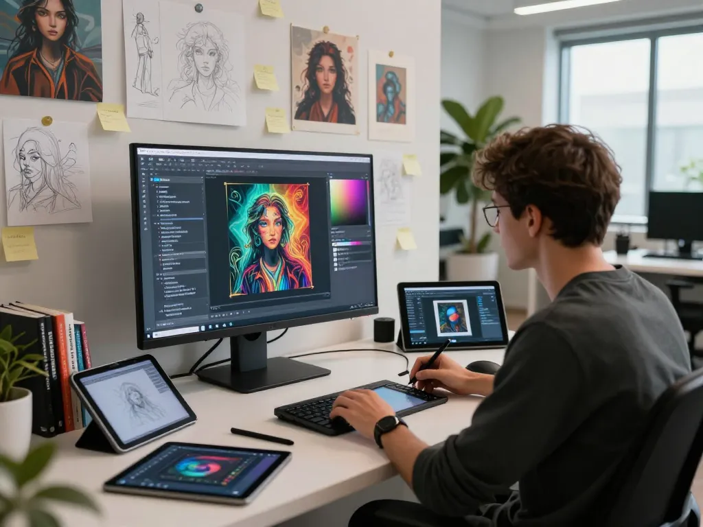 Creative digital artist generating AI image to prompt ai in a modern workspace with high-tech equipment.