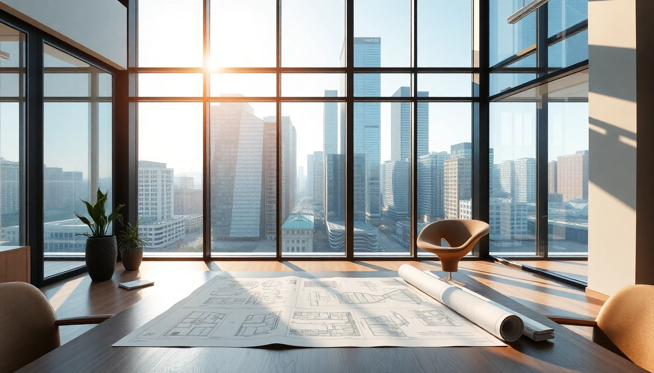 Showcasing architectural design services with blueprints in a modern office space.